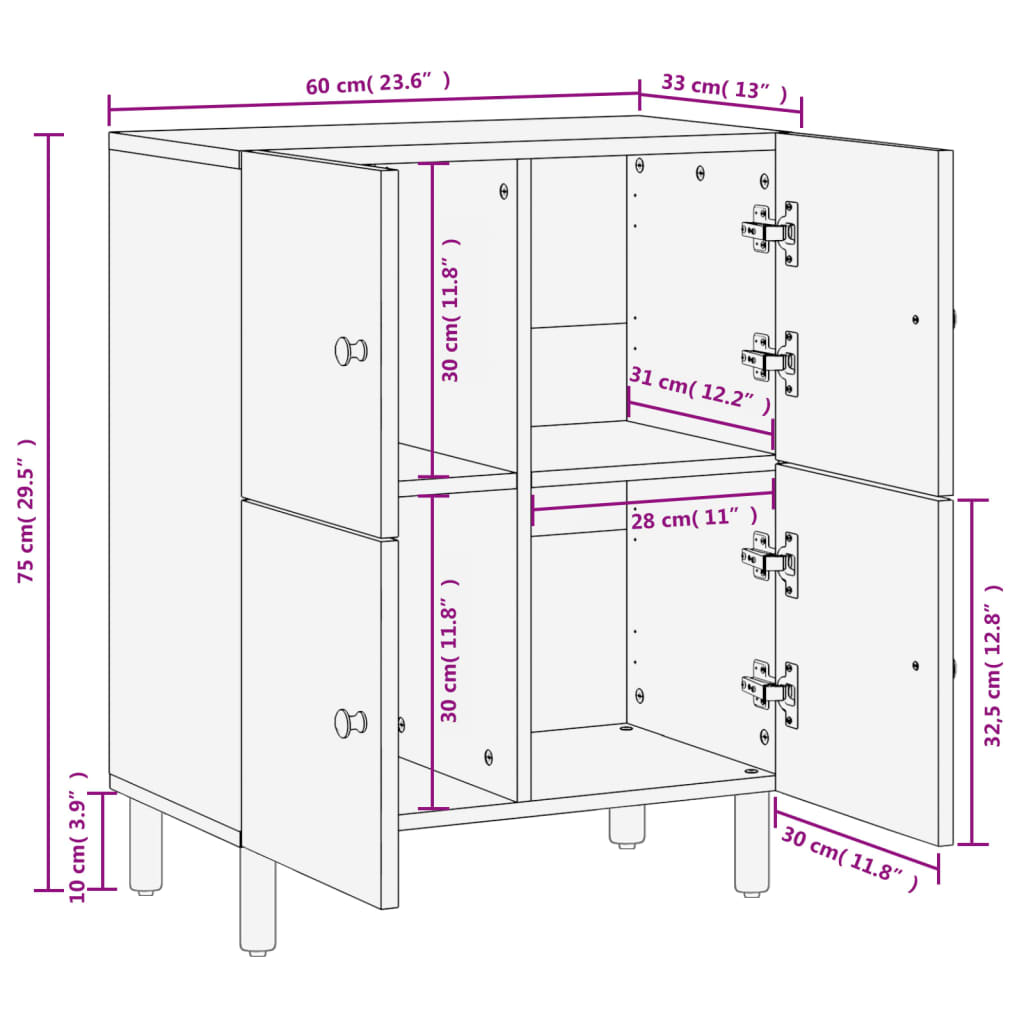 Beistellschrank Schwarz 60x33x75 cm Massivholz Mango