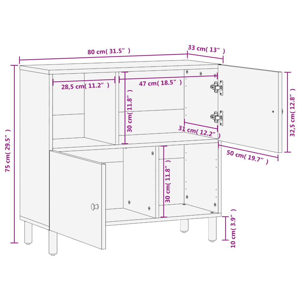 Beistellschrank Schwarz 80x33x75 cm Massivholz Mango