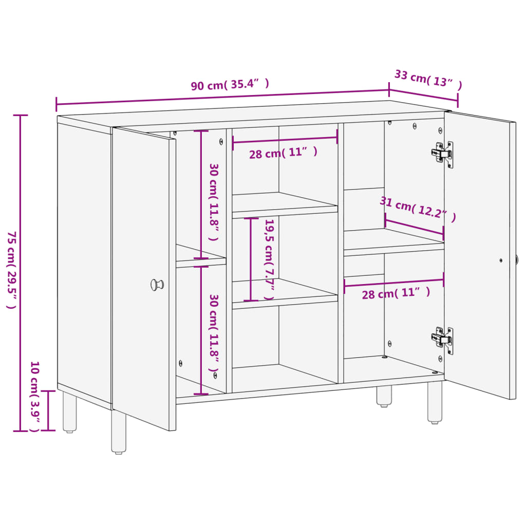 Beistellschrank Schwarz 90x33x75 cm Massivholz Mango