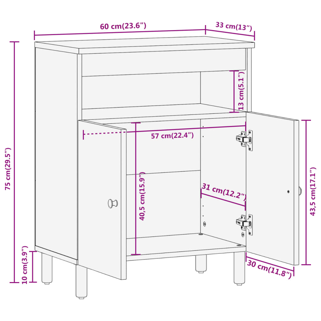 Beistellschrank 60x33x75 cm Massivholz Mango