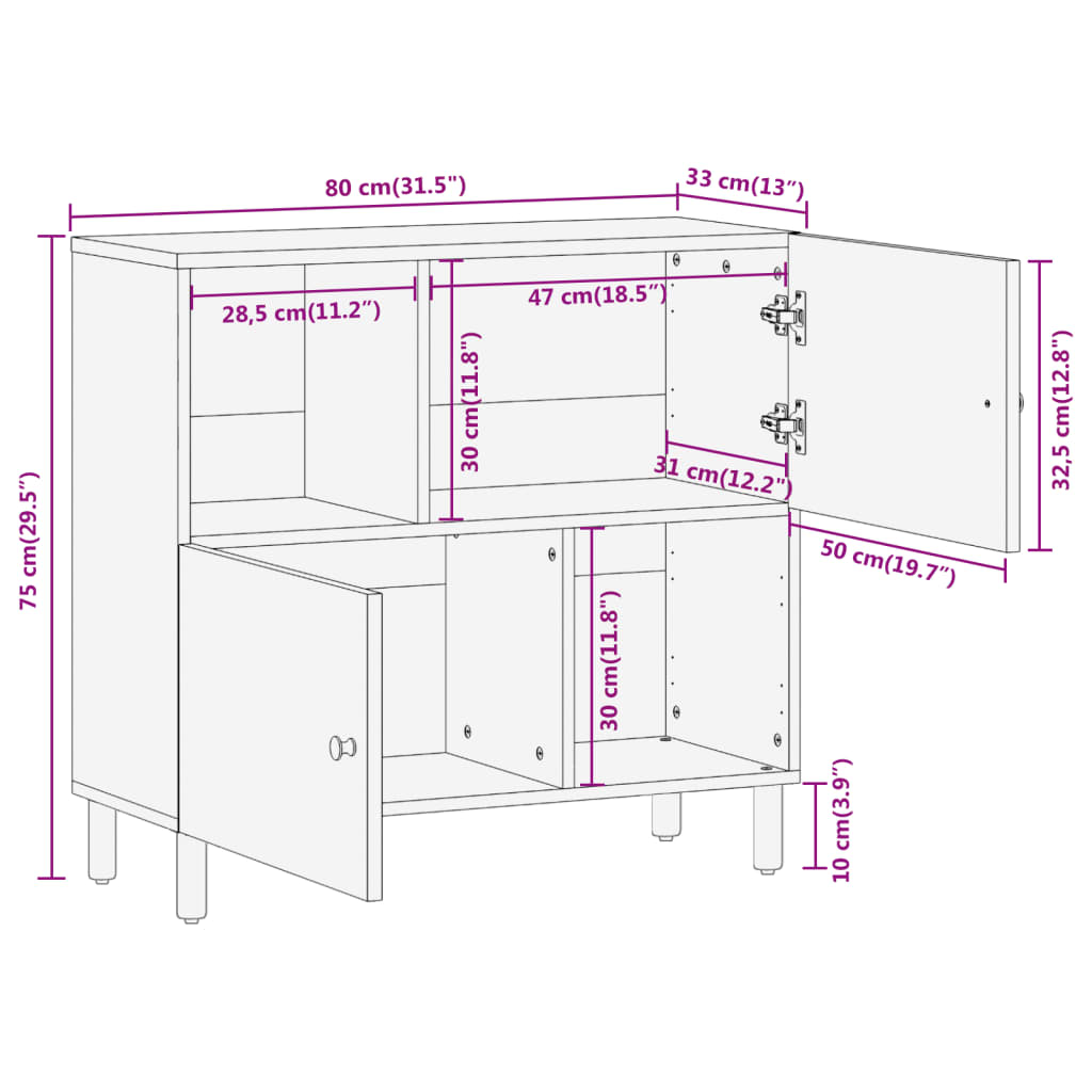 Beistellschrank 80x33x75 cm Massivholz Mango