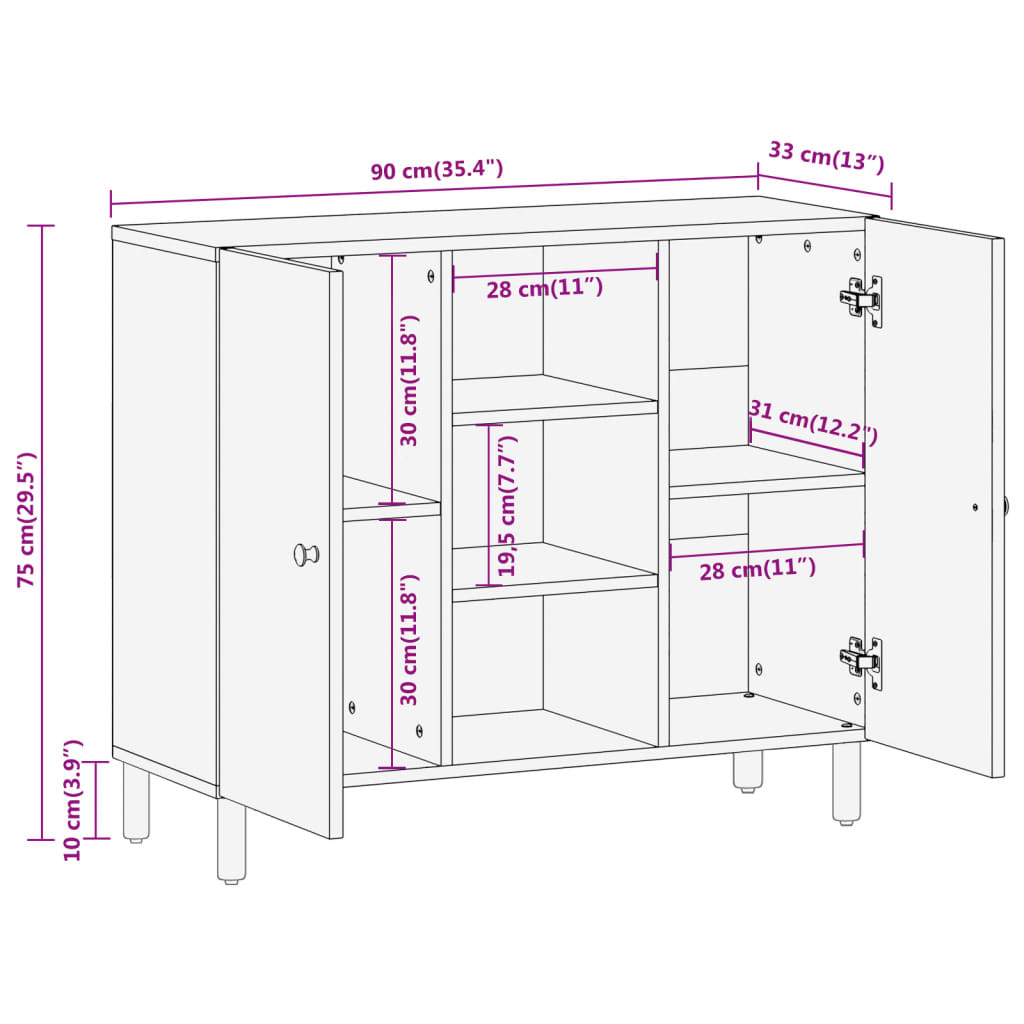 Beistellschrank 90x33x75 cm Massivholz Mango