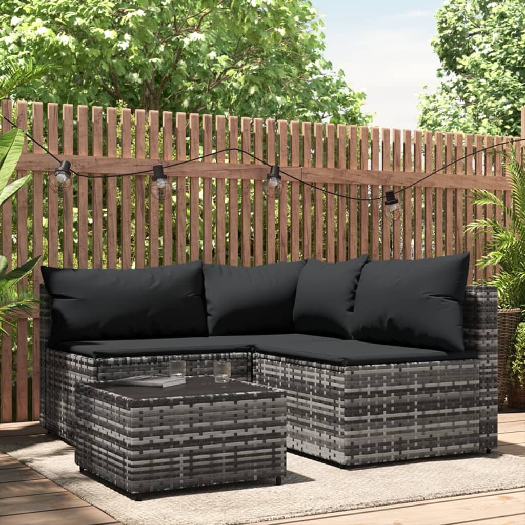 4-tlg. Garten-Lounge-Set mit Kissen Grau Poly Rattan