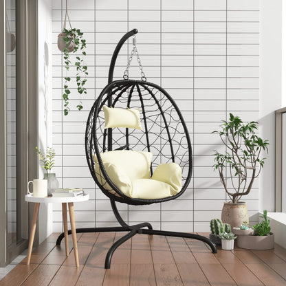 Hängesessel mit Kissen Cremeweiß Poly Rattan & Stahl