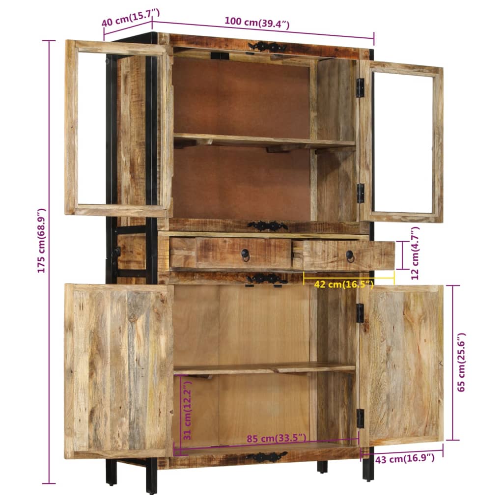 Highboard 100x40x175 cm Massives Raues Mangoholz