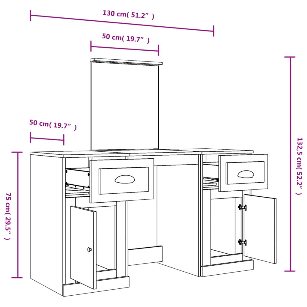 Schminktisch mit Spiegel Grau Sonoma 130x50x132,5 cm