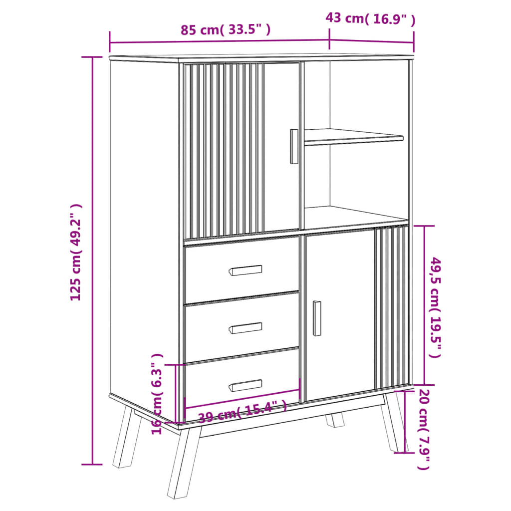 Highboard OLDEN Grau und Braun 85x43x125 cm Massivholz Kiefer