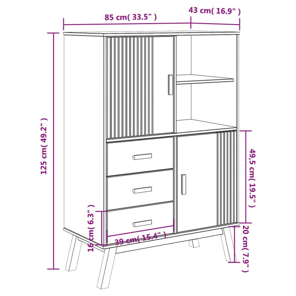 Highboard OLDEN Weiß und Braun 85x43x125 cm Massivholz Kiefer