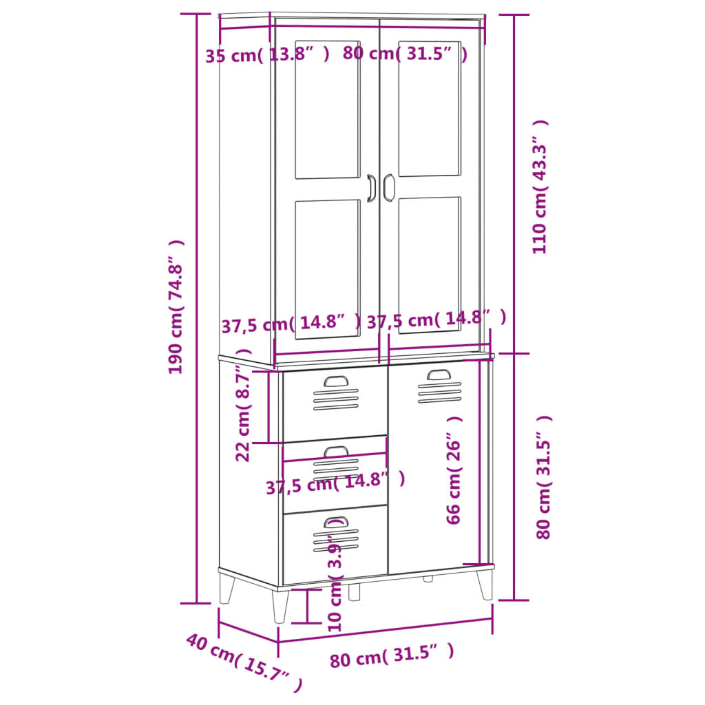 Highboard VIKEN Weiß 80x40x190 cm Massivholz Kiefer