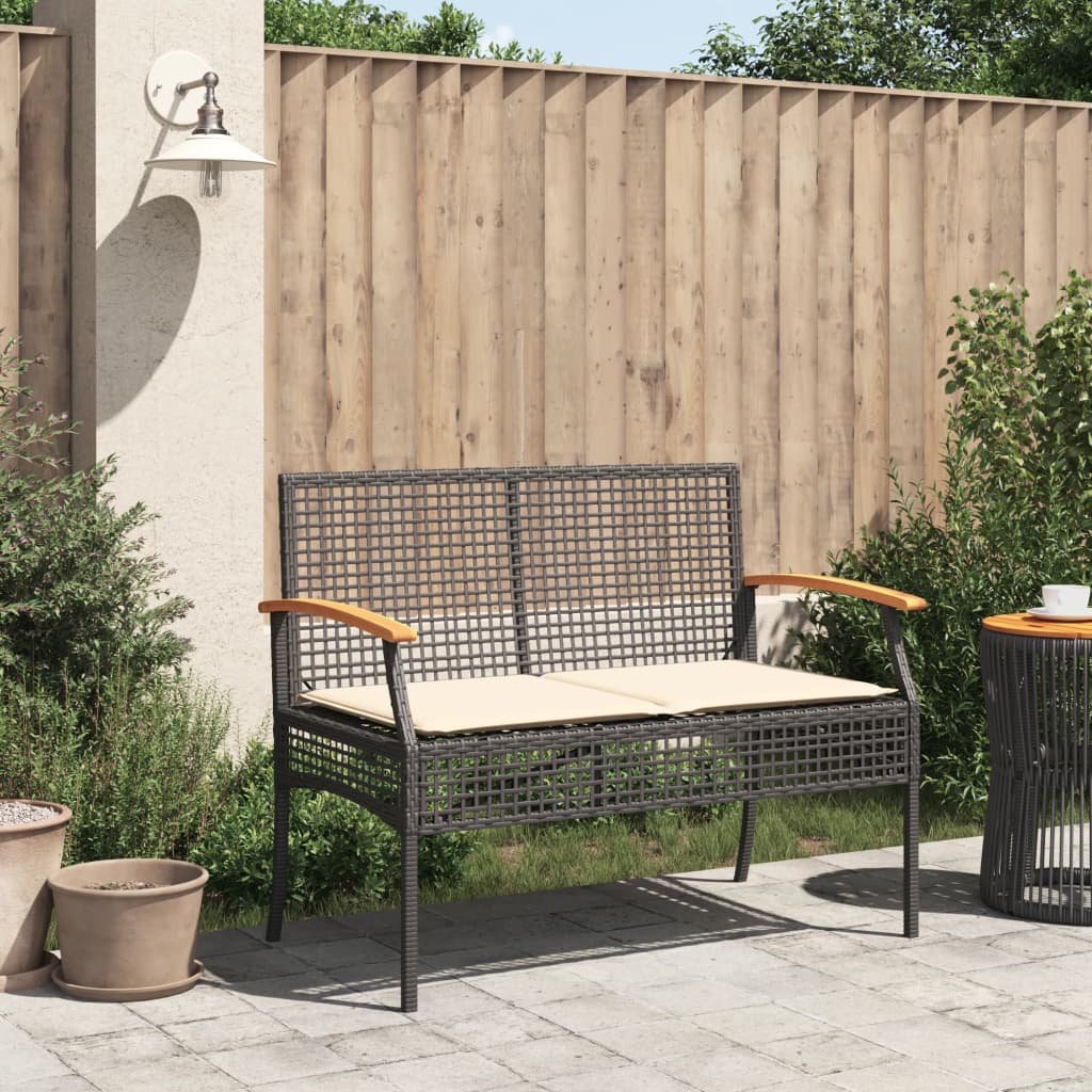 Gartenbank mit Kissen Schwarz Poly Rattan Akazienholz