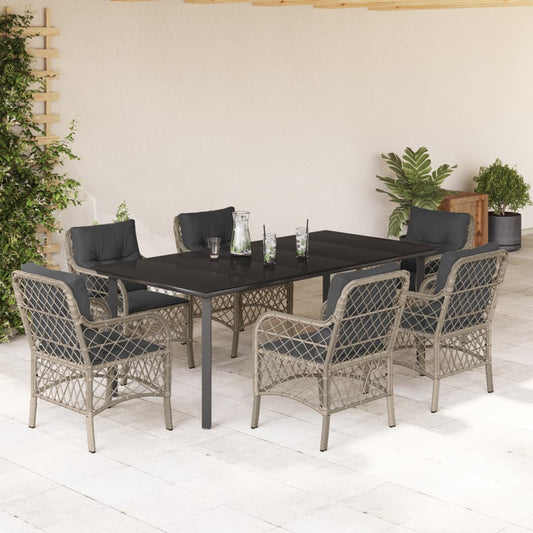 7-tlg. Garten-Essgruppe mit Kissen Hellgrau Poly Rattan