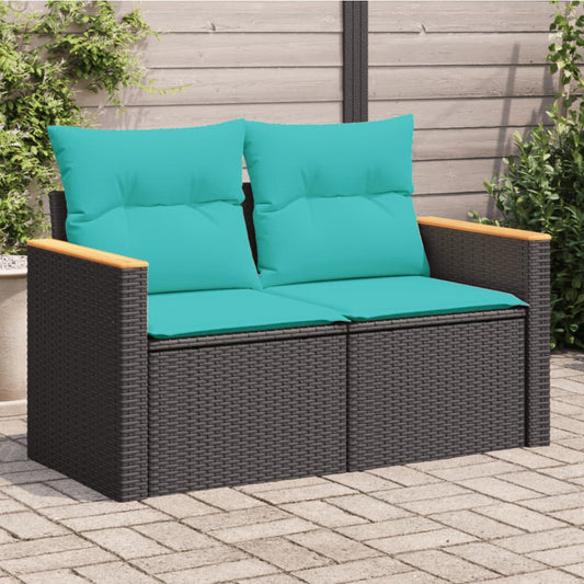 Gartensofa mit Kissen 2-Sitzer Schwarz Poly Rattan