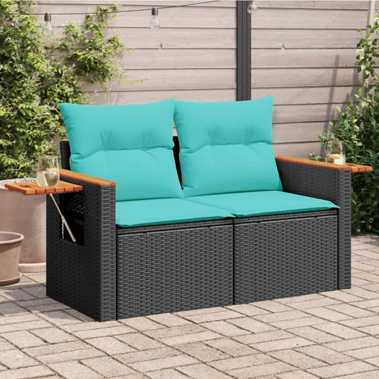 Gartensofa mit Kissen 2-Sitzer Schwarz Poly Rattan