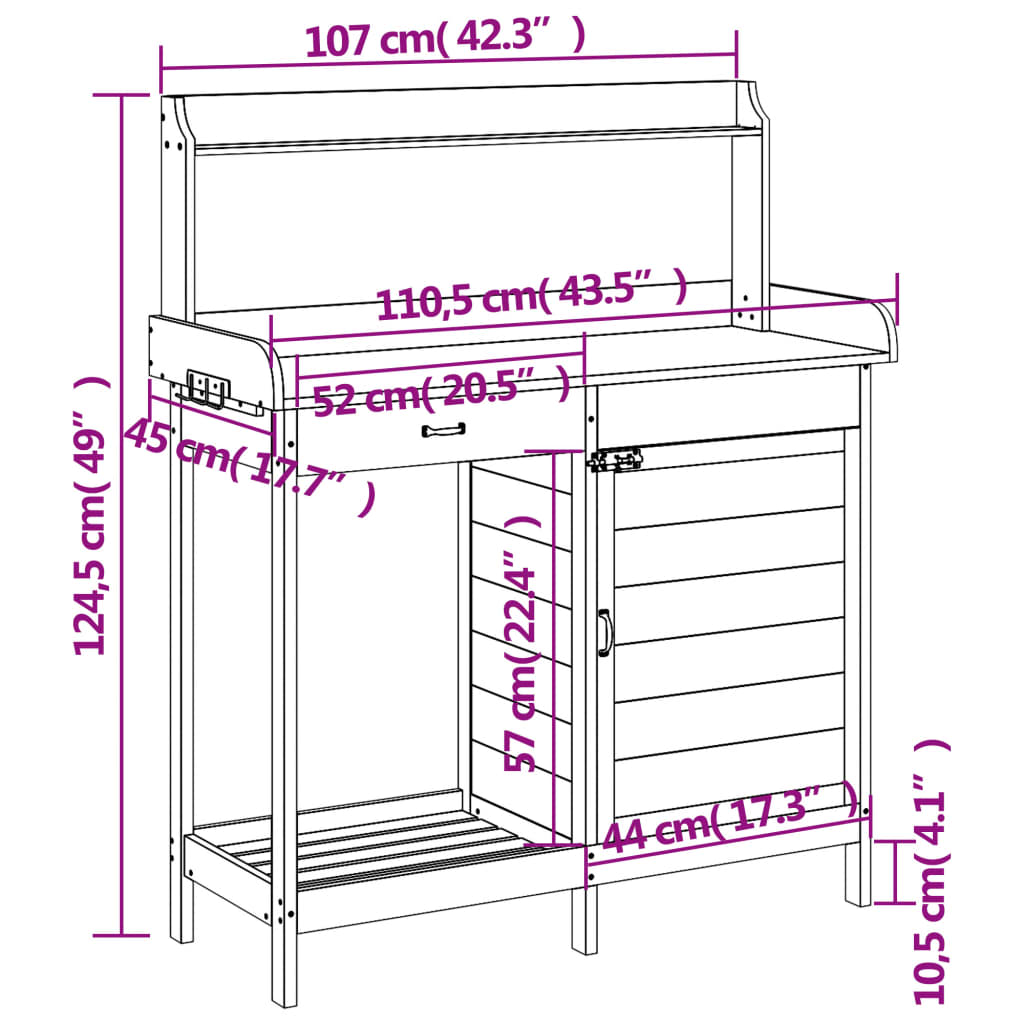 Pflanztisch mit Schrank Grau 110,5x45x124,5 cm Massivholz Tanne