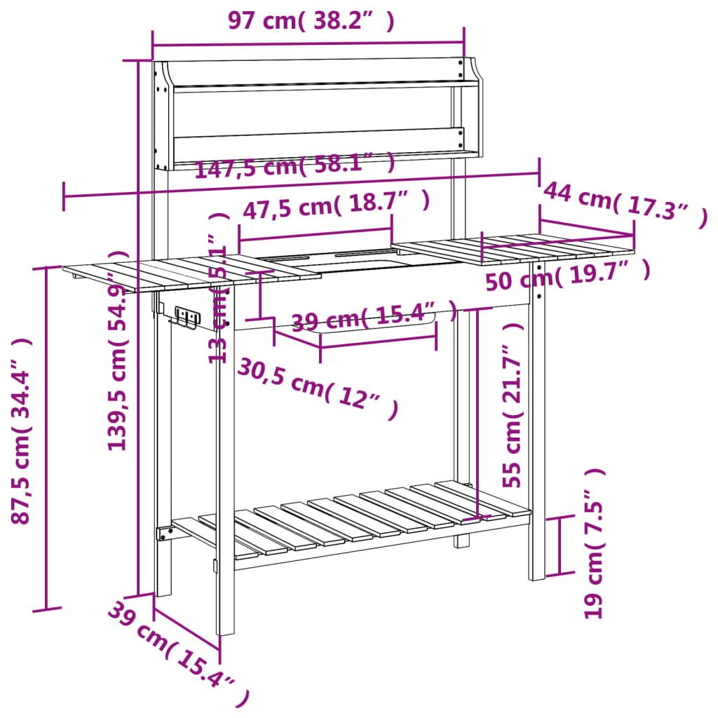 Pflanztisch mit Waschbecken 147,5x44x139,5 cm Massivholz Tanne