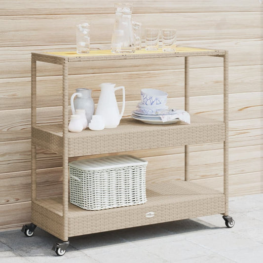 Barwagen 3 Böden Beige Poly Rattan und Massivholz Akazie