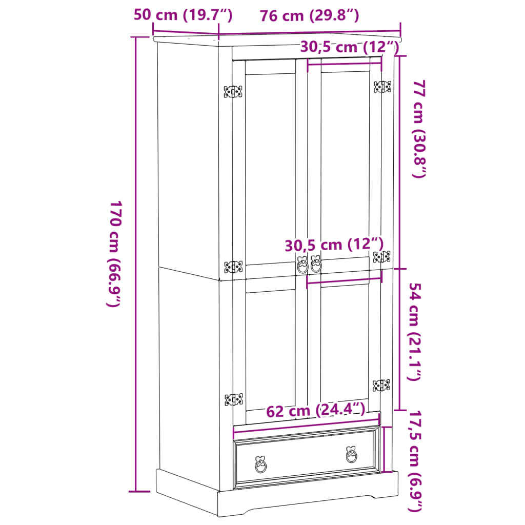 Kleiderschrank Corona 76x50x170 cm Massivholz Kiefer