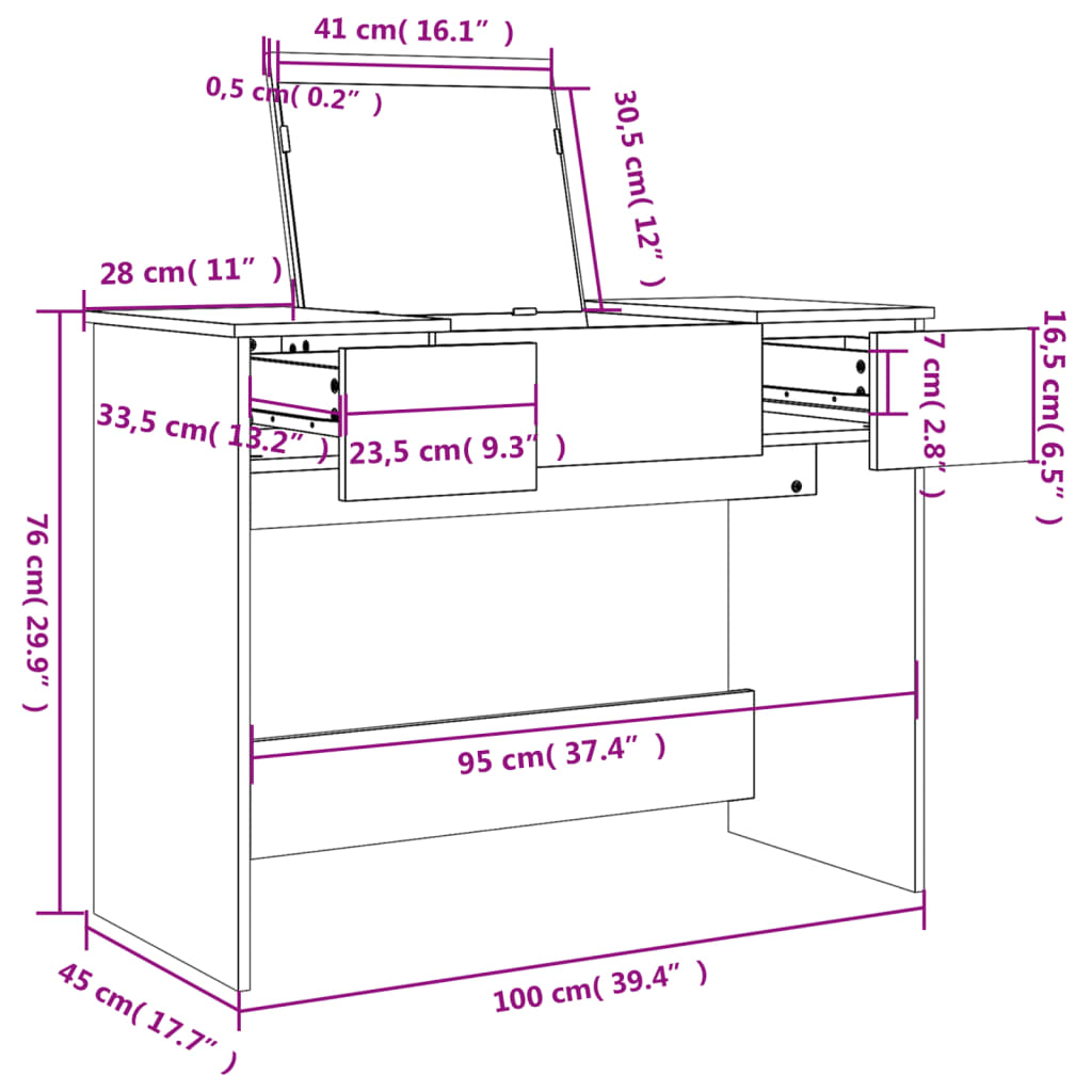 Schminktisch mit Spiegel Räuchereiche 100x45x76 cm