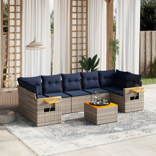 8-tlg. Garten-Sofagarnitur mit Kissen Grau Poly Rattan