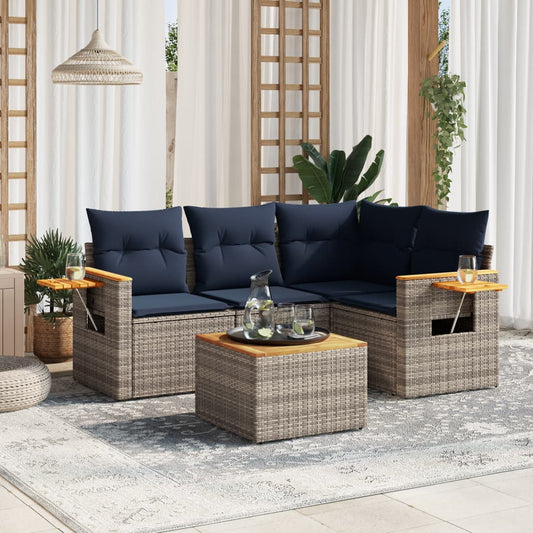 5-tlg. Garten-Sofagarnitur mit Kissen Grau Poly Rattan