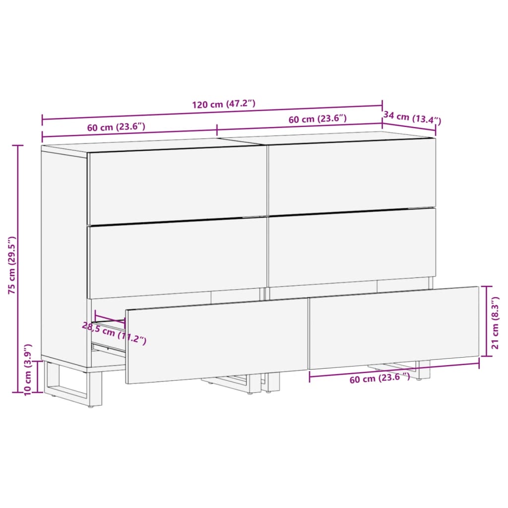 Sideboard 2 Stk. 60x34x75 cm Raues Massivholz Mango