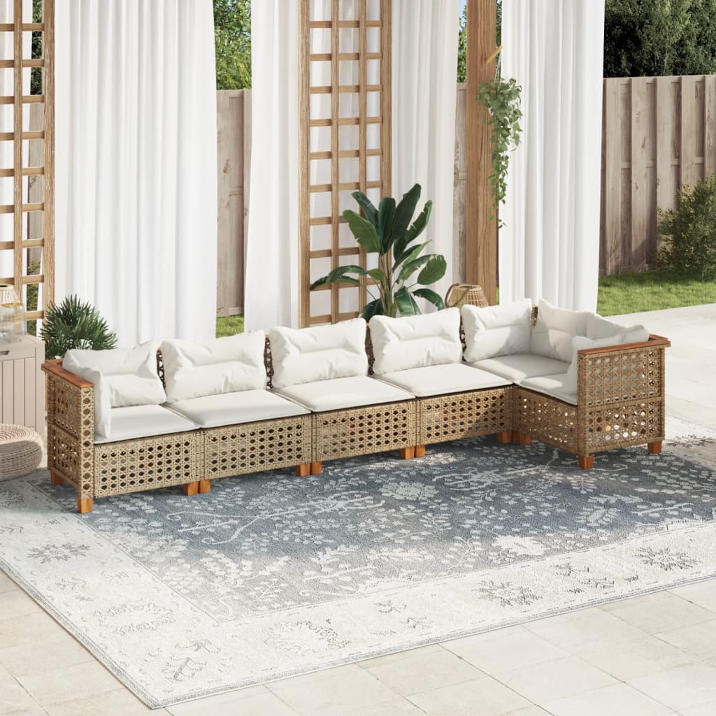 6-tlg. Garten-Sofagarnitur mit Kissen Beige Poly Rattan