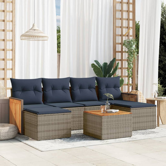 7-tlg. Garten-Sofagarnitur mit Kissen Grau Poly Rattan