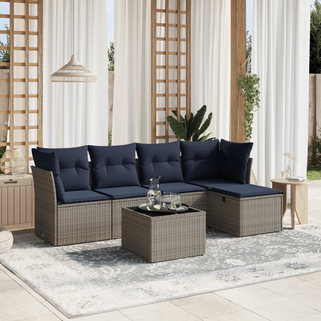 6-tlg. Garten-Sofagarnitur mit Kissen Grau Poly Rattan