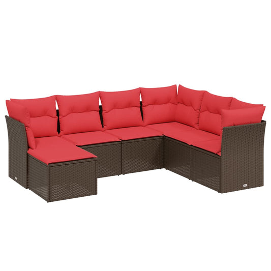 7-tlg. Garten-Sofagarnitur mit Kissen Braun Poly Rattan