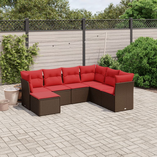 7-tlg. Garten-Sofagarnitur mit Kissen Braun Poly Rattan