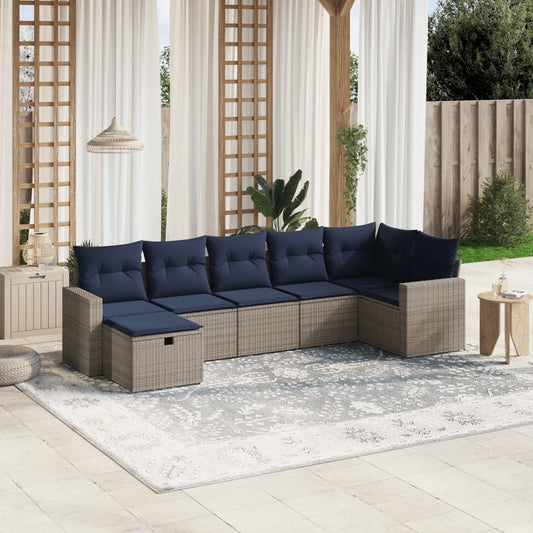 7-tlg. Garten-Sofagarnitur mit Kissen Grau Poly Rattan