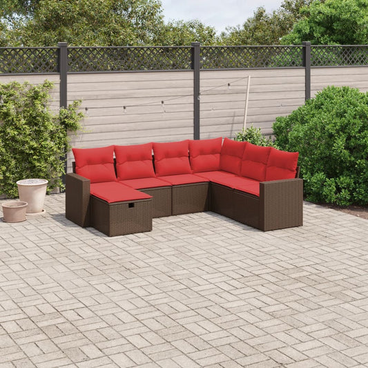 7-tlg. Garten-Sofagarnitur mit Kissen Braun Poly Rattan