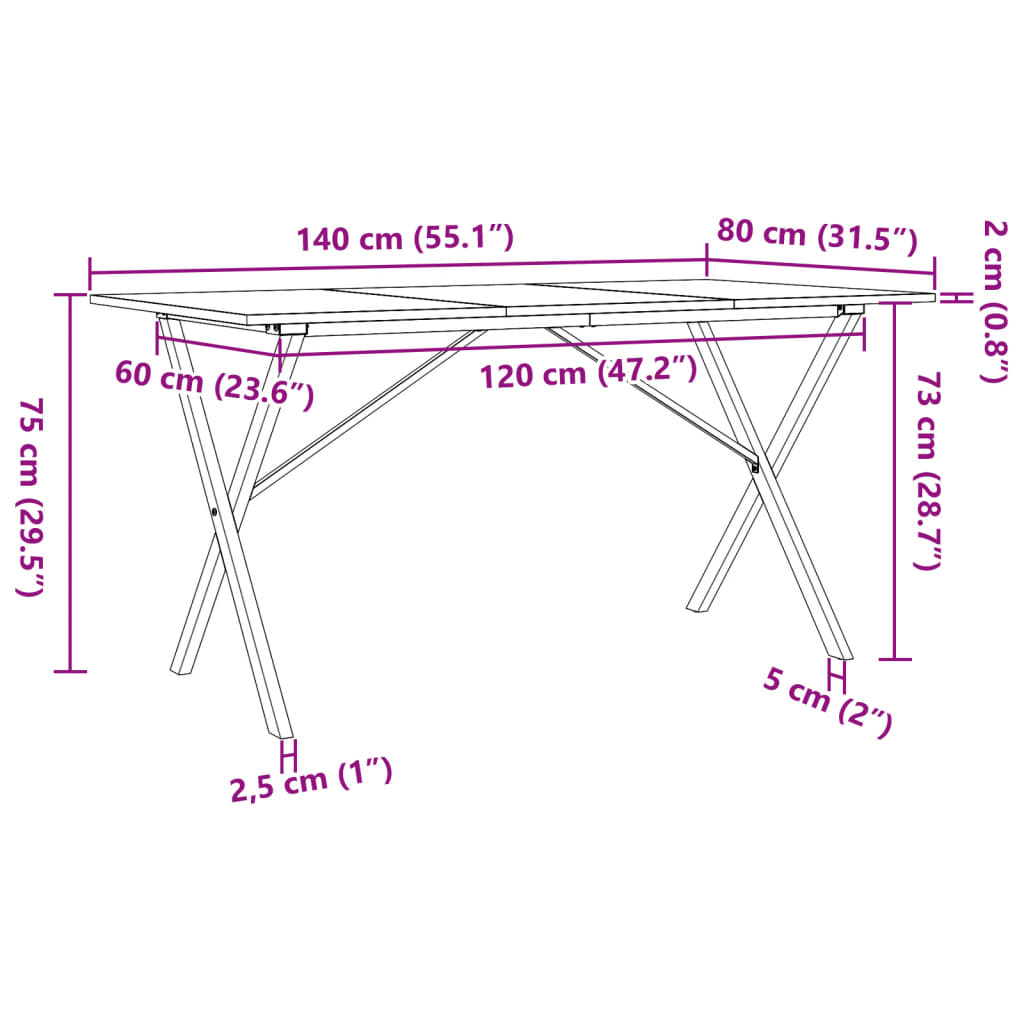 Esstisch X-Gestell 140x80x75 cm Massivholz Kiefer und Gusseisen