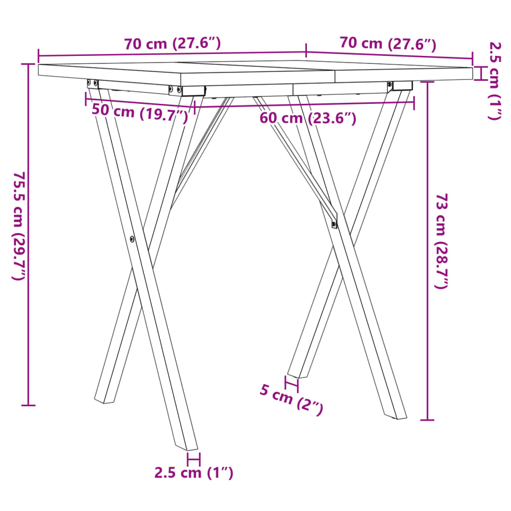 Esstisch X-Gestell 70x70x75,5cm Massivholz Kiefer und Gusseisen