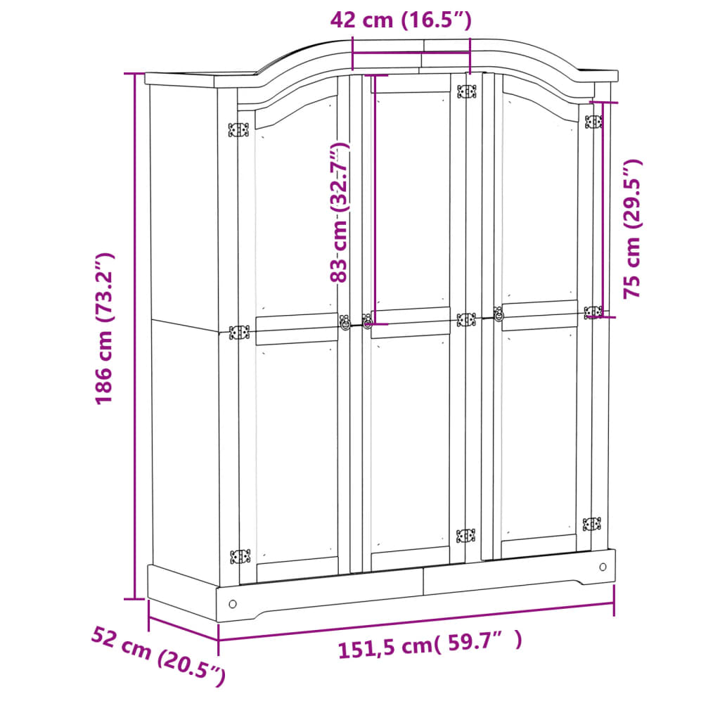 Kleiderschrank Corona 151,5x52x186 cm Massivholz Kiefer