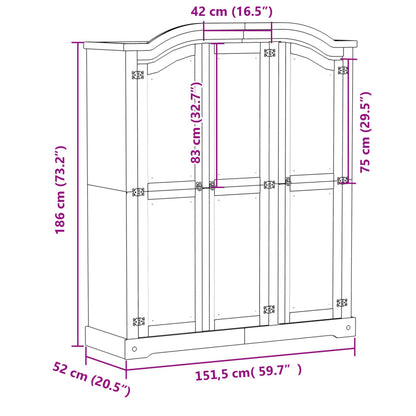 Kleiderschrank Corona 151,5x52x186 cm Massivholz Kiefer