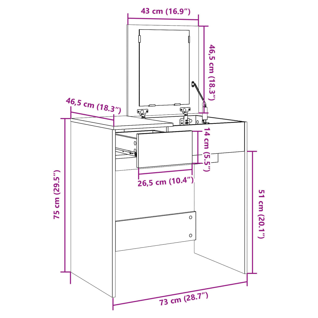 Schminktisch mit Spiegel Sonoma-Eiche 73x46,5x120 cm