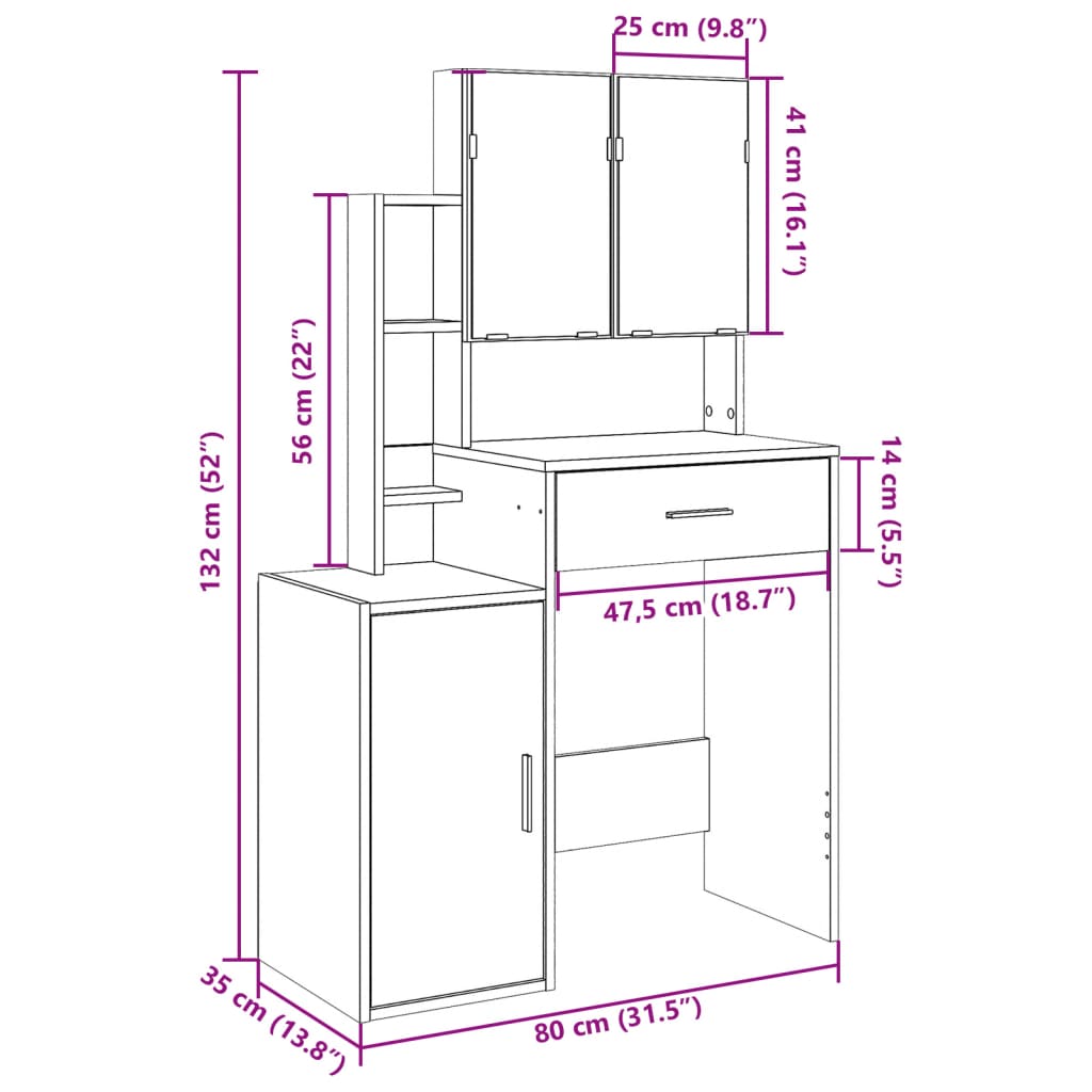 Schminktisch mit Schrank Betongrau 80x35x132 cm