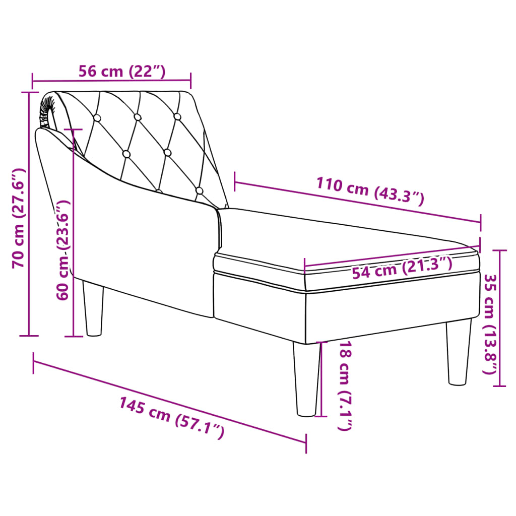 Chaiselongue mit Kissen und Rechter Armlehne Creme Stoff