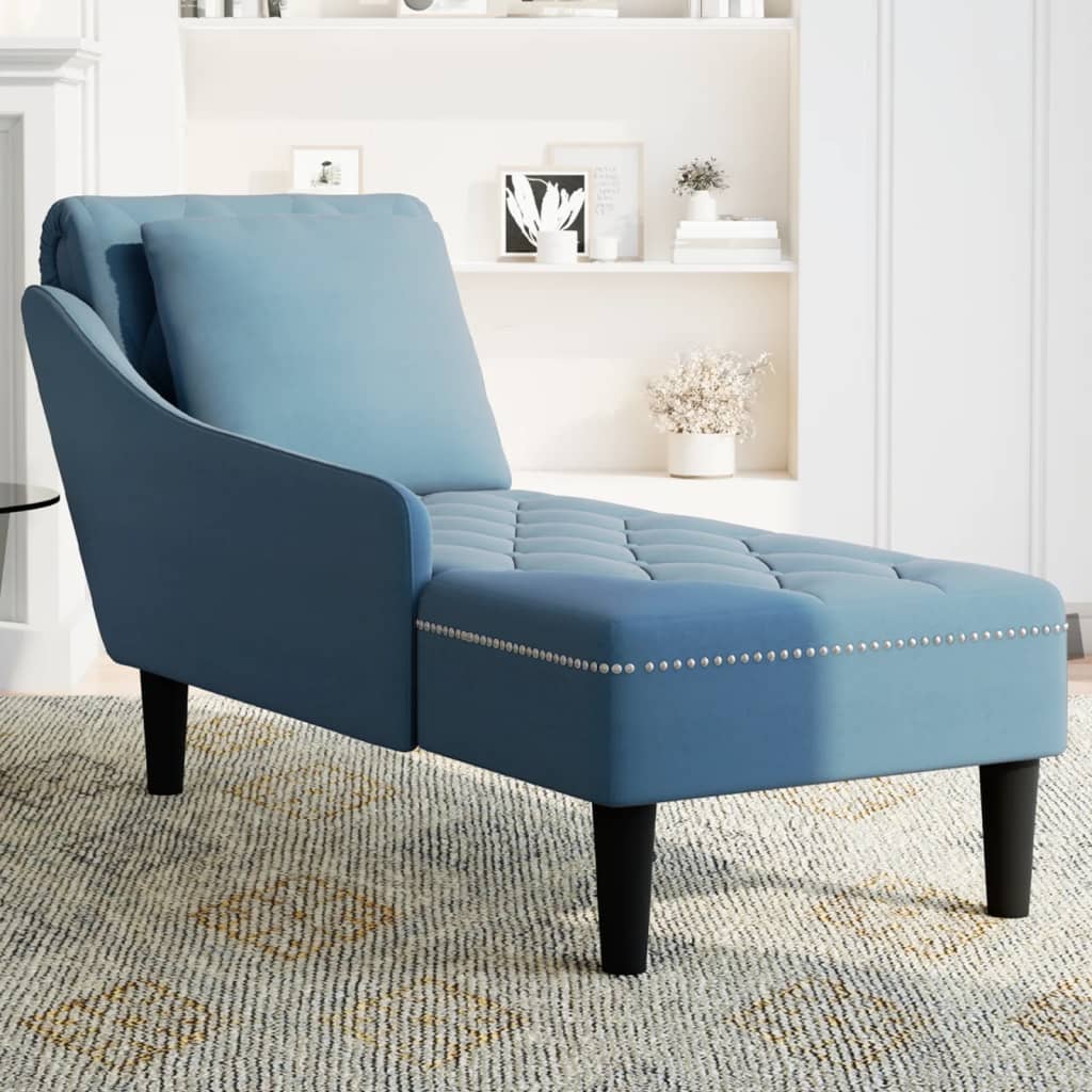 Chaiselongue mit Kissen und Rechter Armlehne Blau Samt