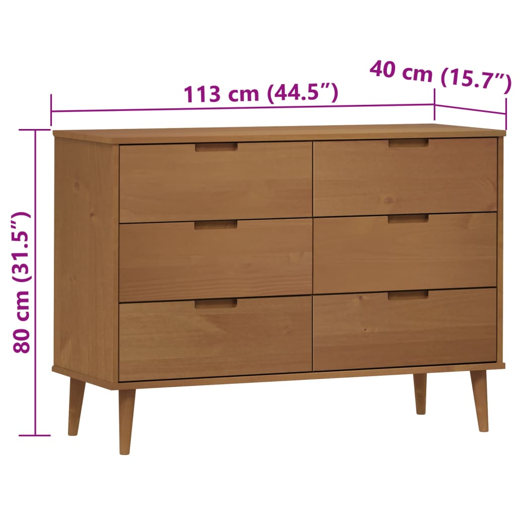 Schubladenschrank MOLDE Braun 113x40x80 cm Massivholz Kiefer