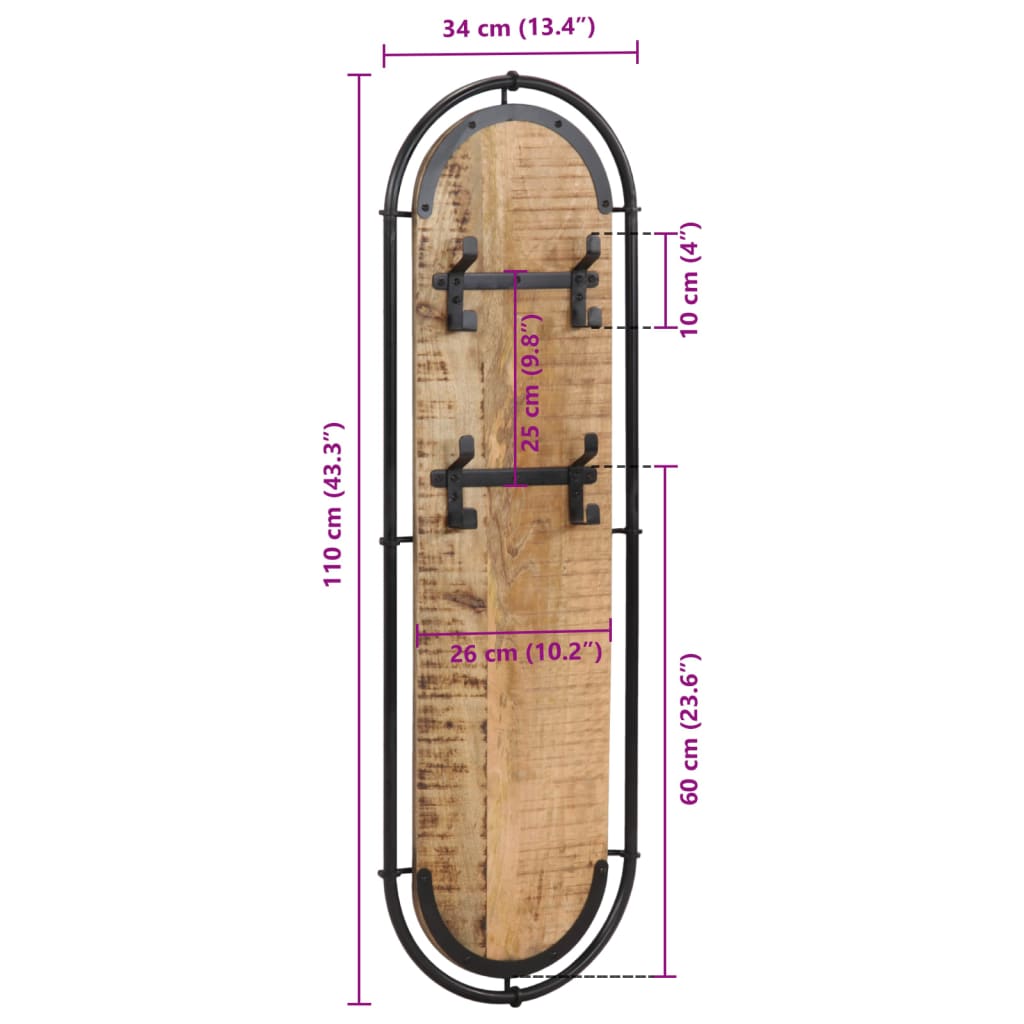 Wandgarderoben mit 4 Haken 2 Stk. Raues Mangoholz