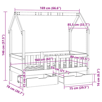 Kinderbett mit Schubladen 80x170 cm Massivholz Kiefer
