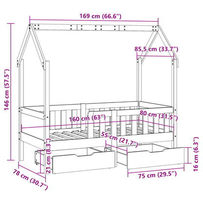 Kinderbett mit Schubladen 80x170 cm Massivholz Kiefer
