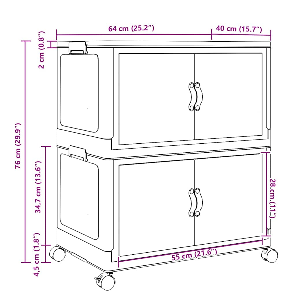 Aufbewahrungsbox mit Rädern Stapelbar 2-stöckig 75 L 64x40x76cm