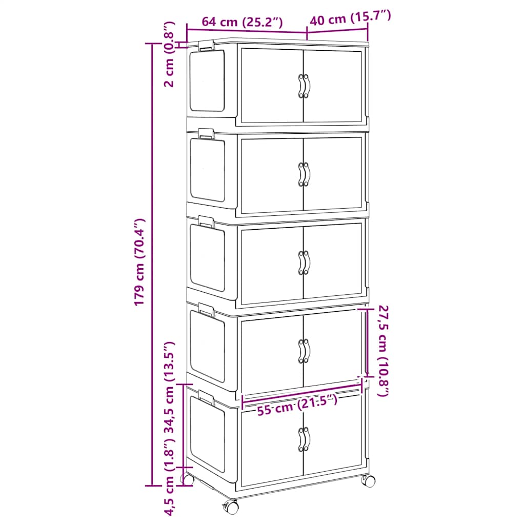 Aufbewahrungsbox mit Rädern Stapelbar 5-stöckig 75L 64x40x179cm