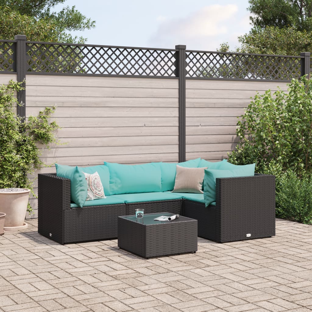 5-tlg. Garten-Lounge-Set mit Kissen Schwarz Poly Rattan