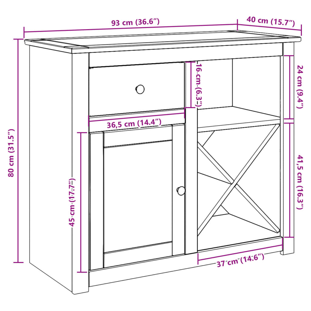 Sideboard mit Schubladen Panama 93x40x80 cm Massivholz Kiefer