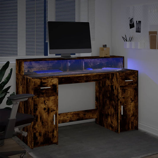 LED-Schreibtisch Räuchereiche 140x55x91 cm Holzwerkstoff