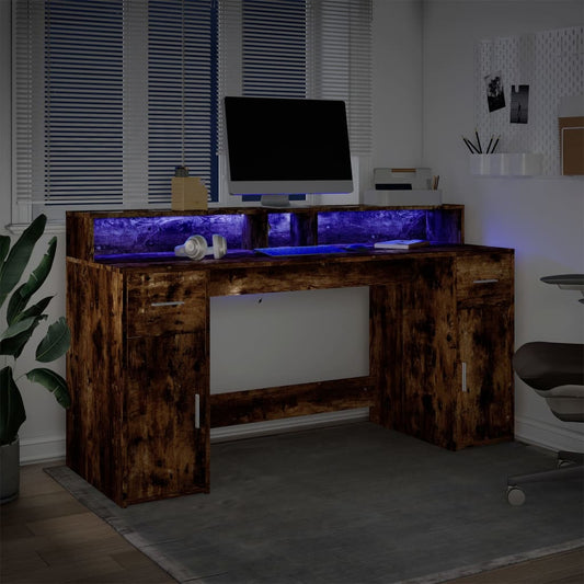 LED-Schreibtisch Räuchereiche 160x55x91 cm Holzwerkstoff